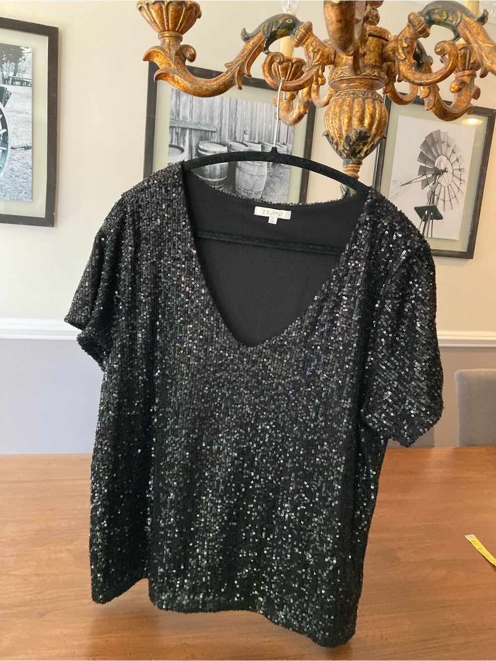 Z Supply Black Sequin V-Neck Short Sleeve Top Large